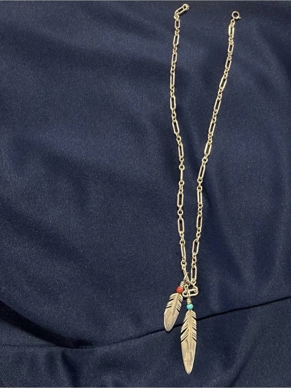Vintage Navajo Ray Tracey Feather 2  Pendant Silver Necklace